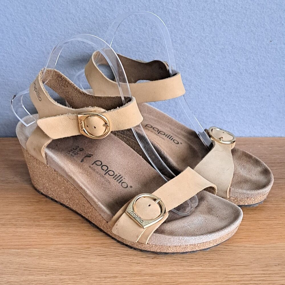 Papillio Beige Wedge Sandals with Gold Buckles